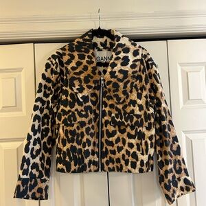 Ganni Canvas Leopard Print Jacket in Black and Tan